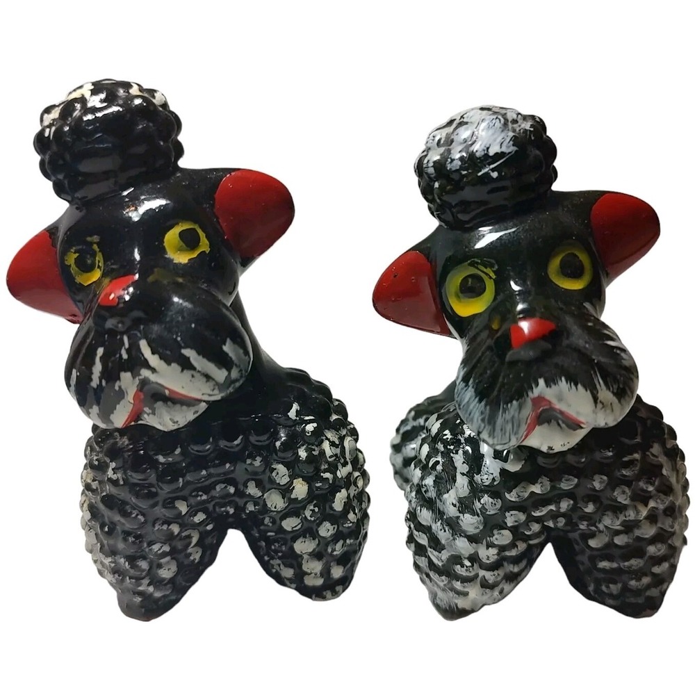 Vintage Japan Dog Figurines Terracotta Black‎ White Hand Painted Lot of Two